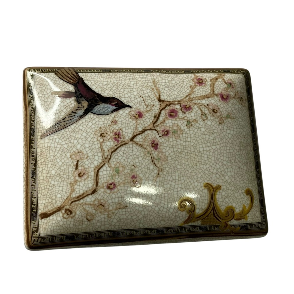 Vintage Porcelain‎ Trinket Box Cherry Blossom Bird Butterfly Decorative Glaze